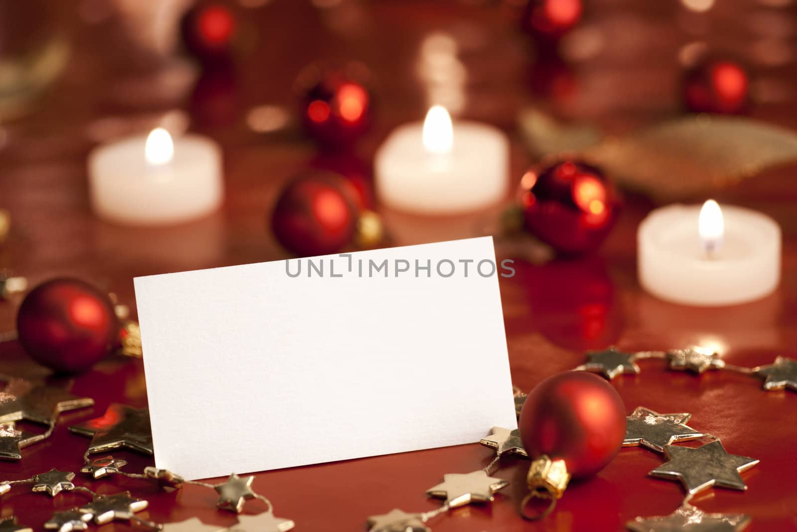 Christmas decoration with blank card. Selective focus, aRGB.