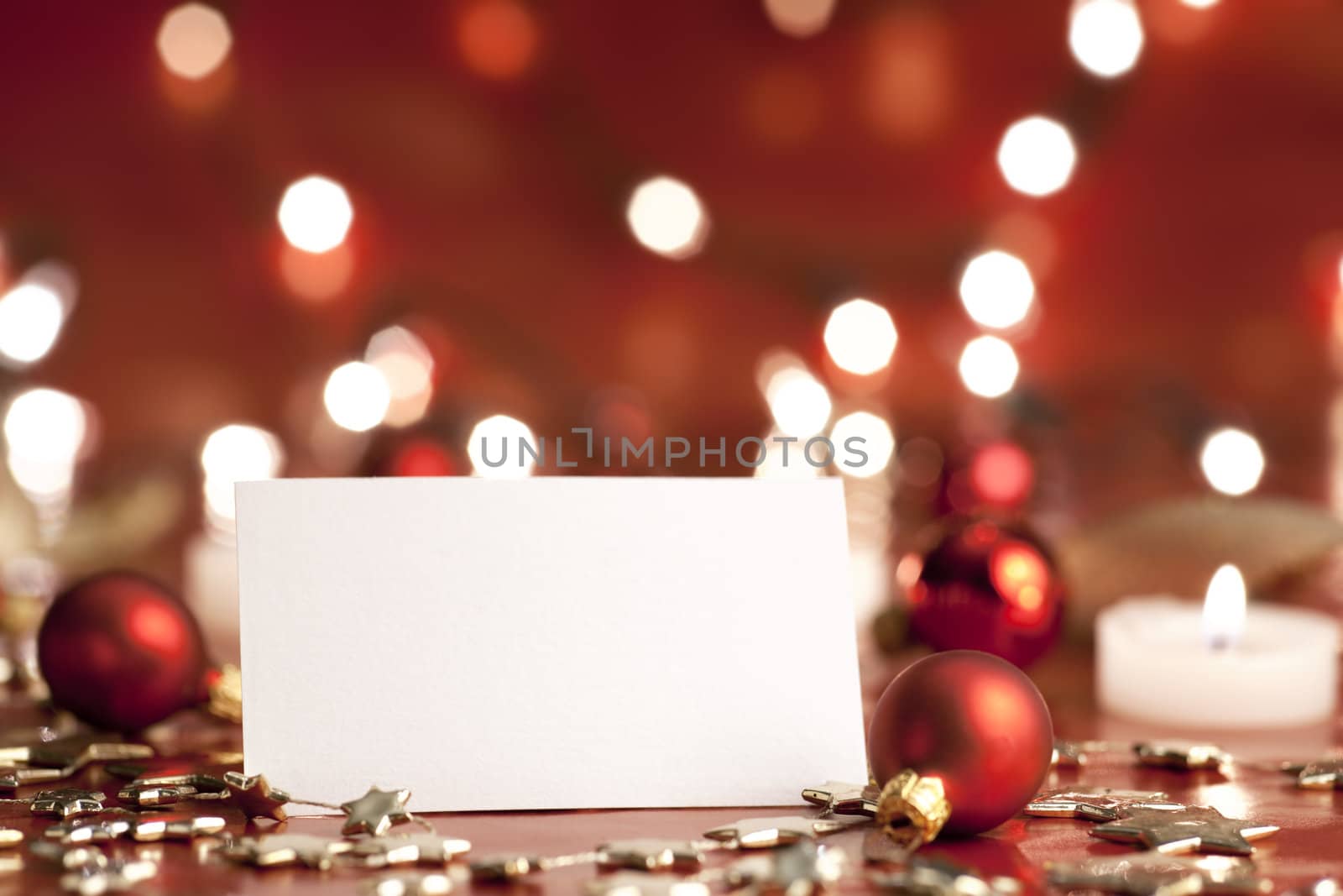 Christmas decoration with blank card. Selective focus, aRGB.