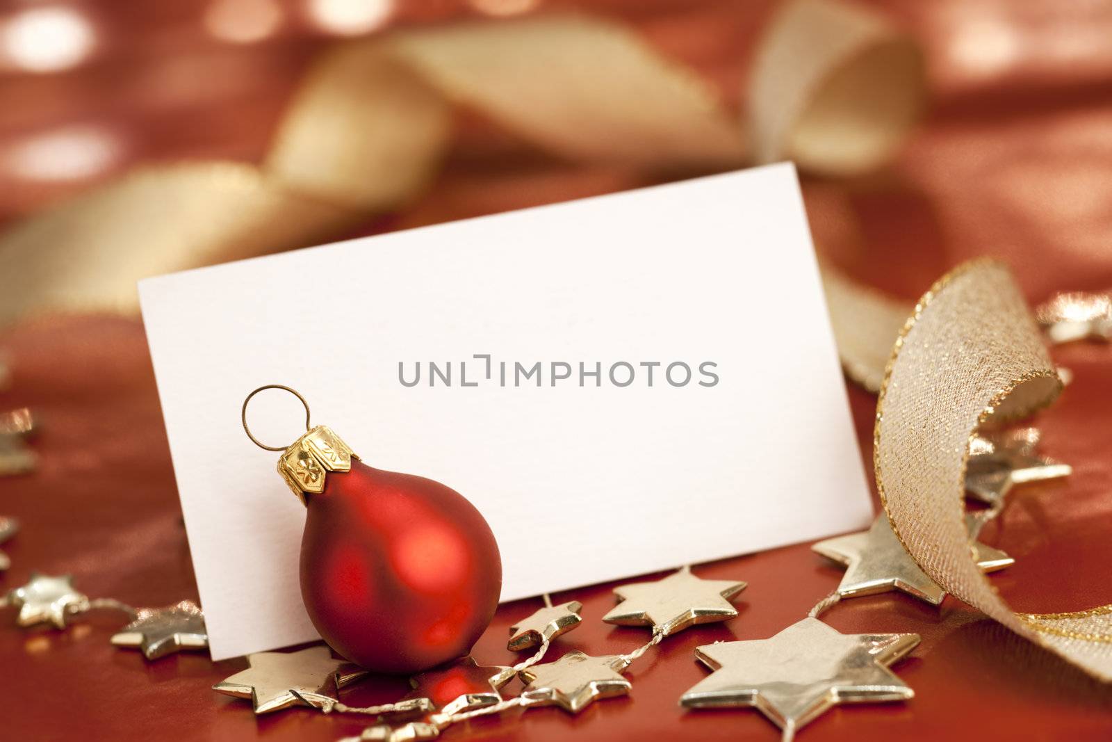 Christmas decoration with blank card. Selective focus, aRGB.