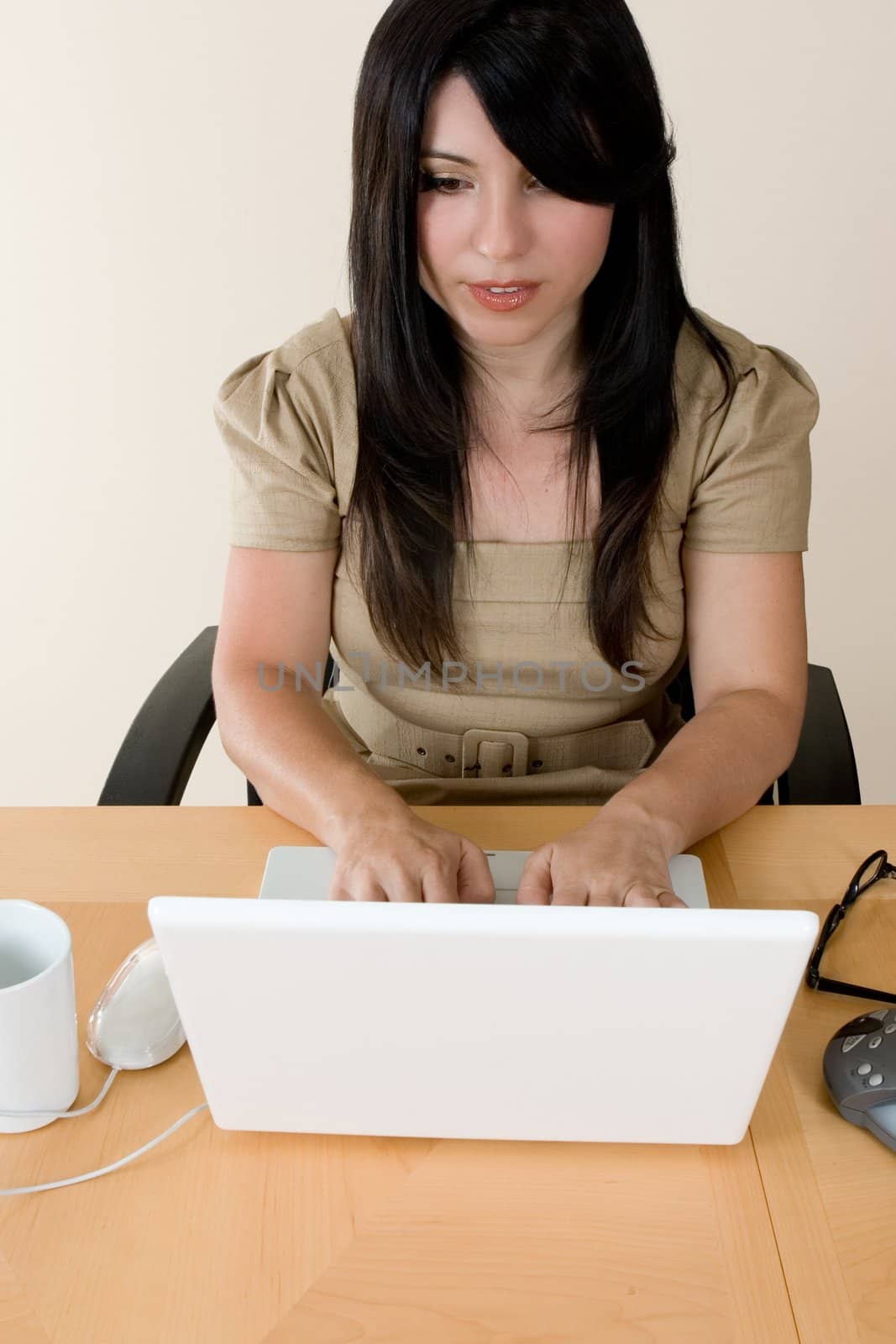 A businesswoman typing information into a laptop computer.