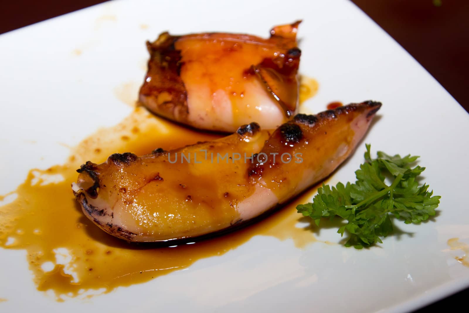 Grilled Japanese squid with black sauce on a white plate