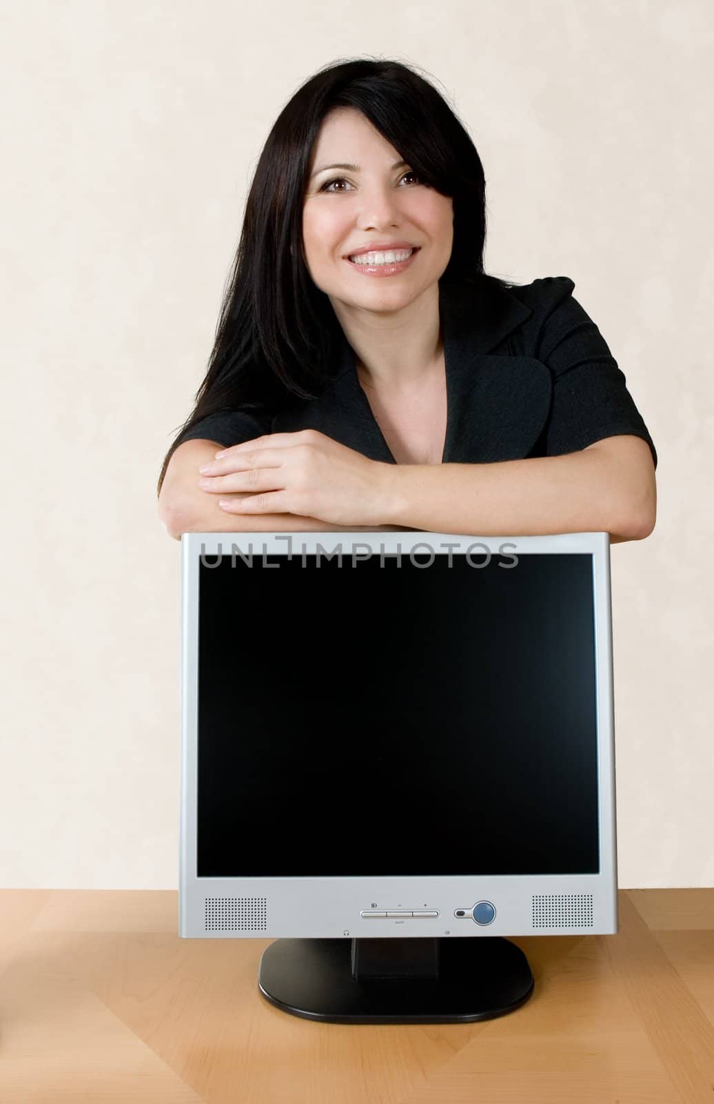 Woman leaning on lcd screen by lovleah