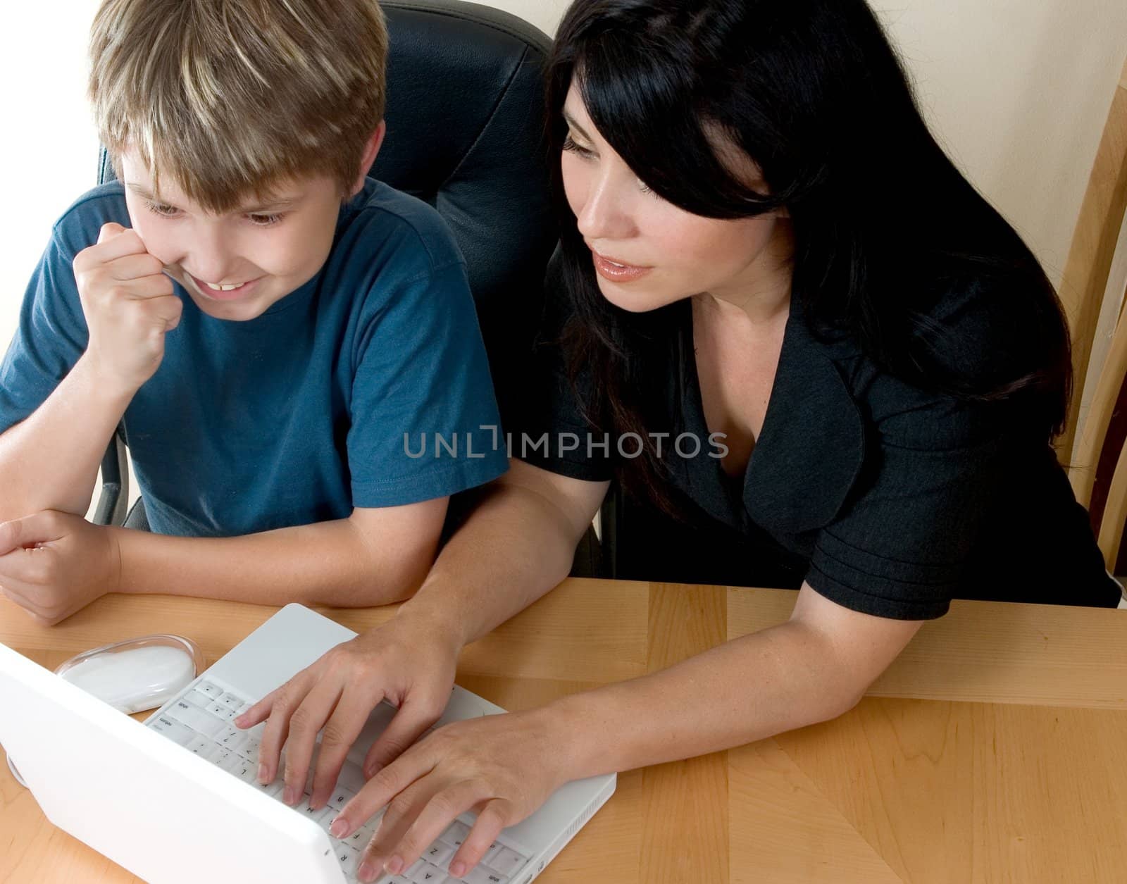 Woman and child using a laptop computer to access information, shopping, e-mail, , etc.