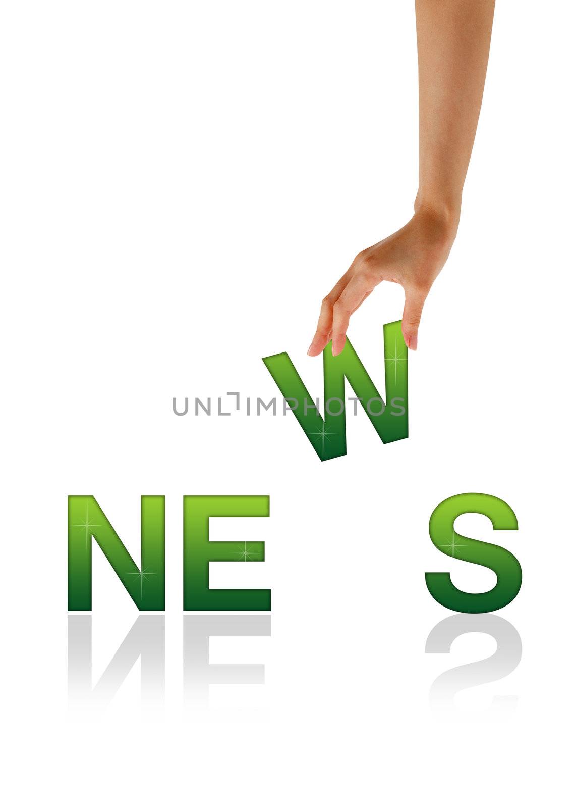 High resolution graphic of a hand holding the letter W from the word News.