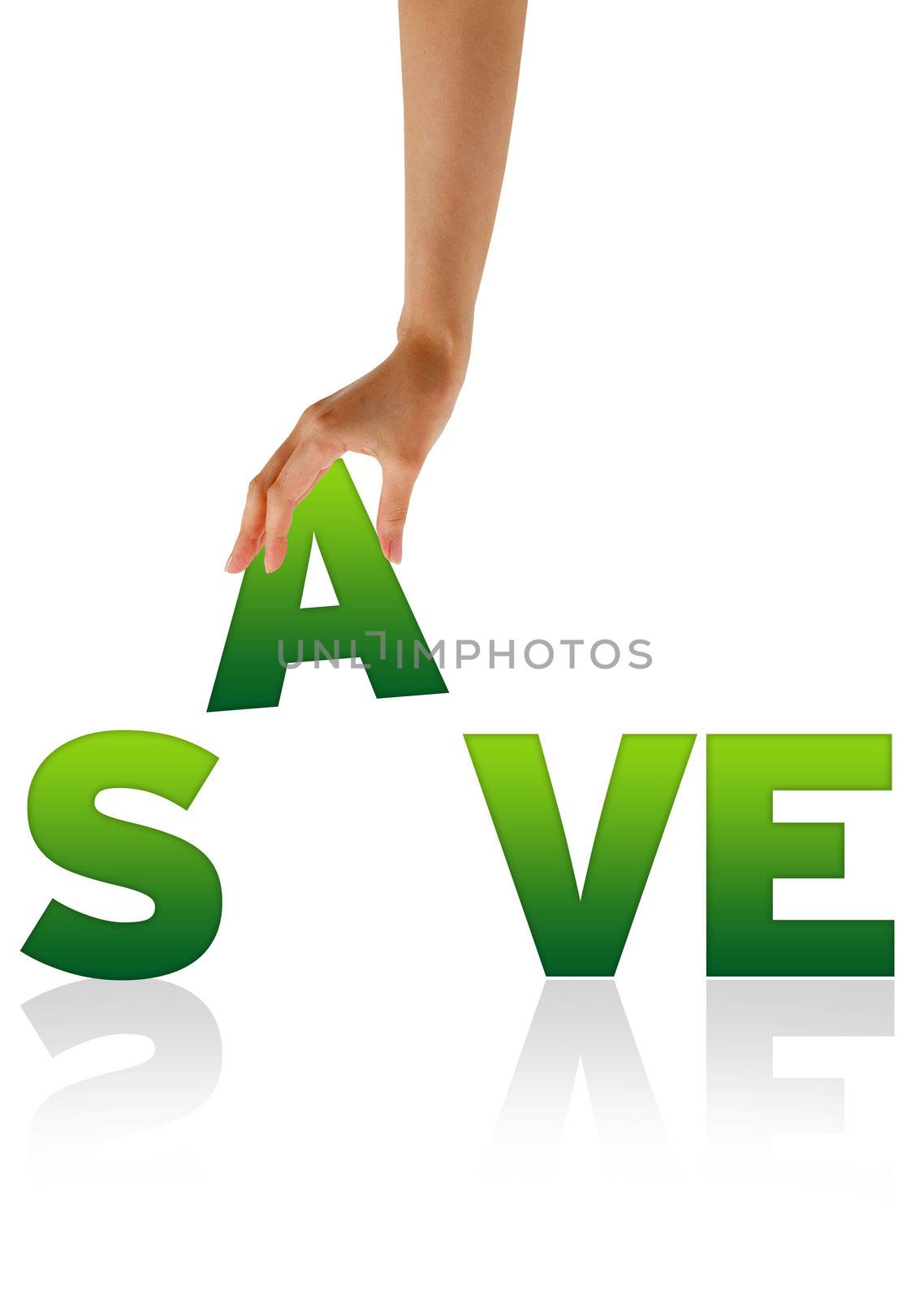 High resolution graphic of a hand holding the letter A of the word Save.