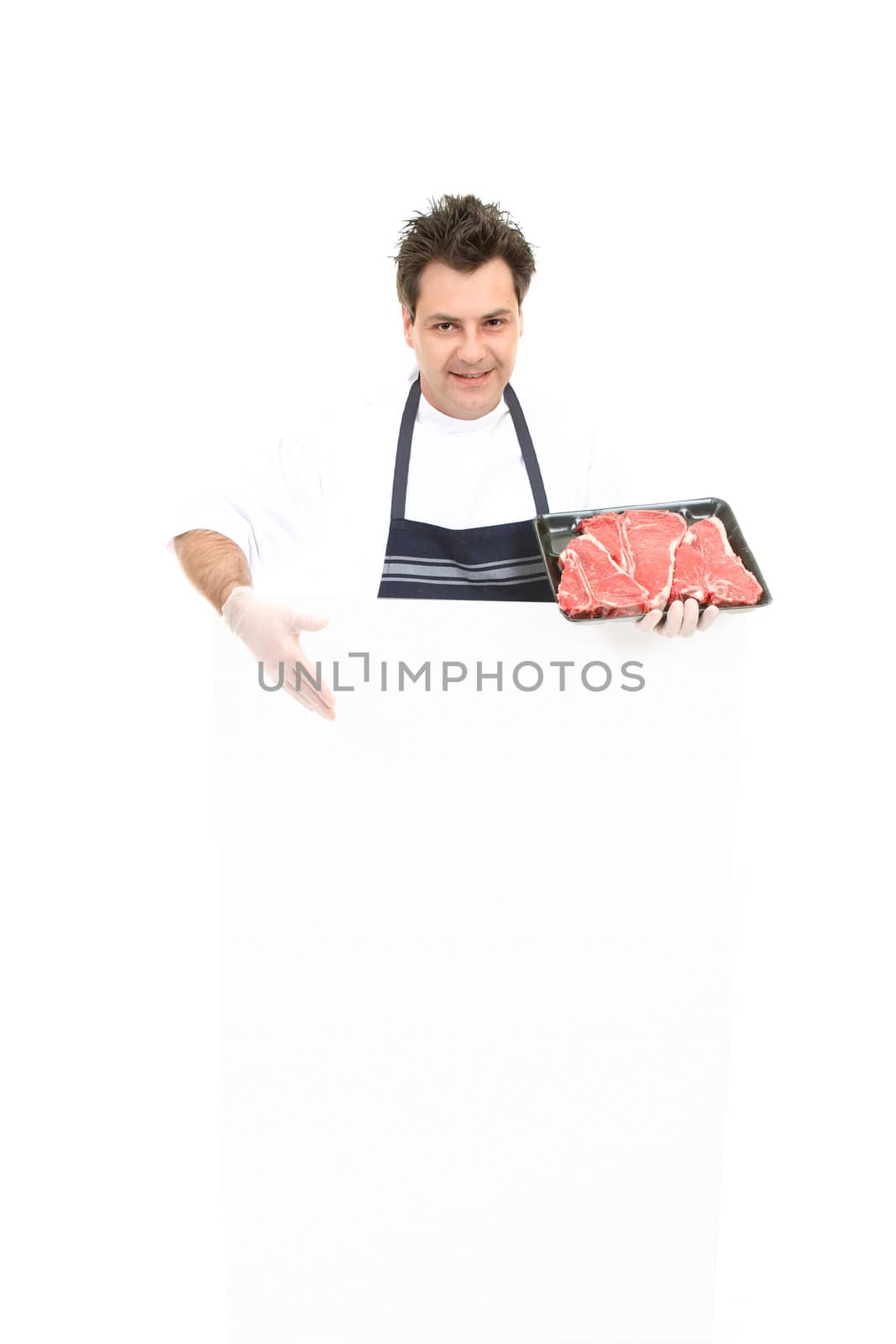 Butcher with advertising sign by lovleah