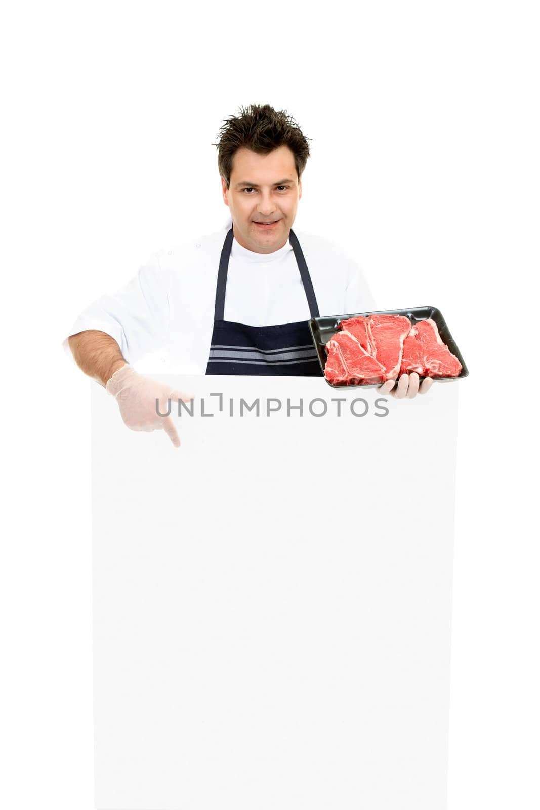 Butcher pointing to a blank sign