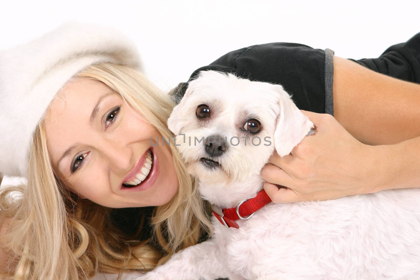 Cheerful female playing with a dog.