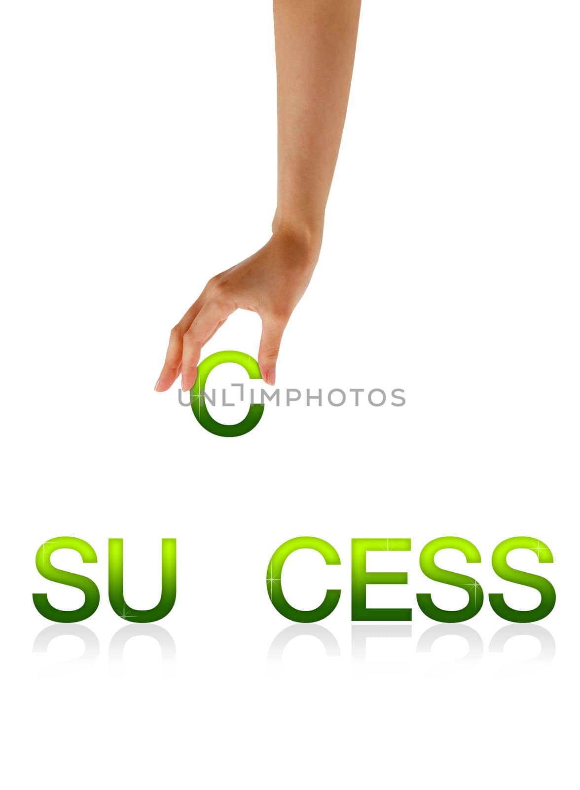 High resolution graphic of a hand holding the letter C from the word success. 