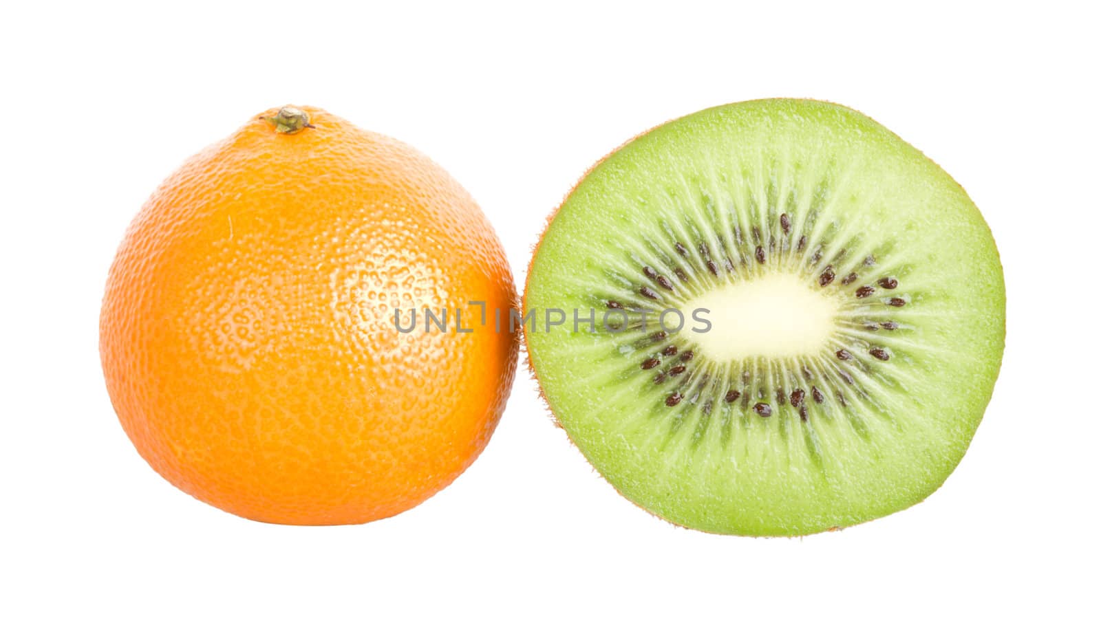 a half of kiwi and tangerine, isolated on white