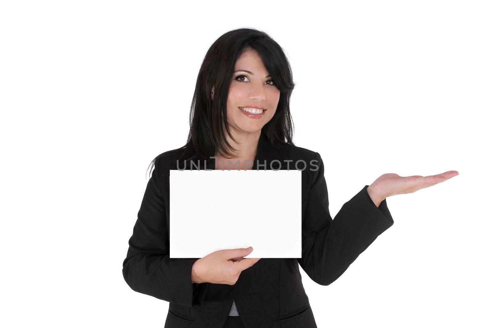 Female with hand outstretched holding your product and displaying a message.