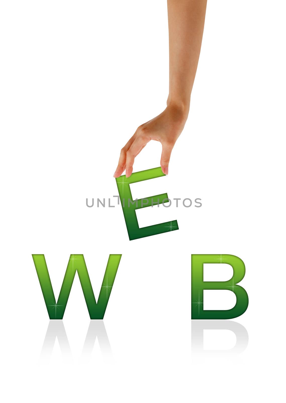 High resolution graphic of a hand holding the letter E from the word web.