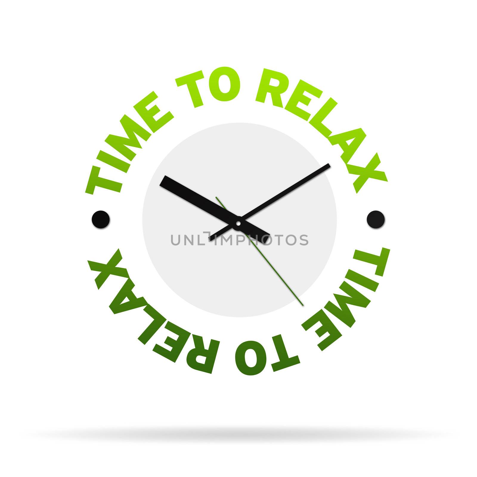 Clock with the words time to relax on white background.