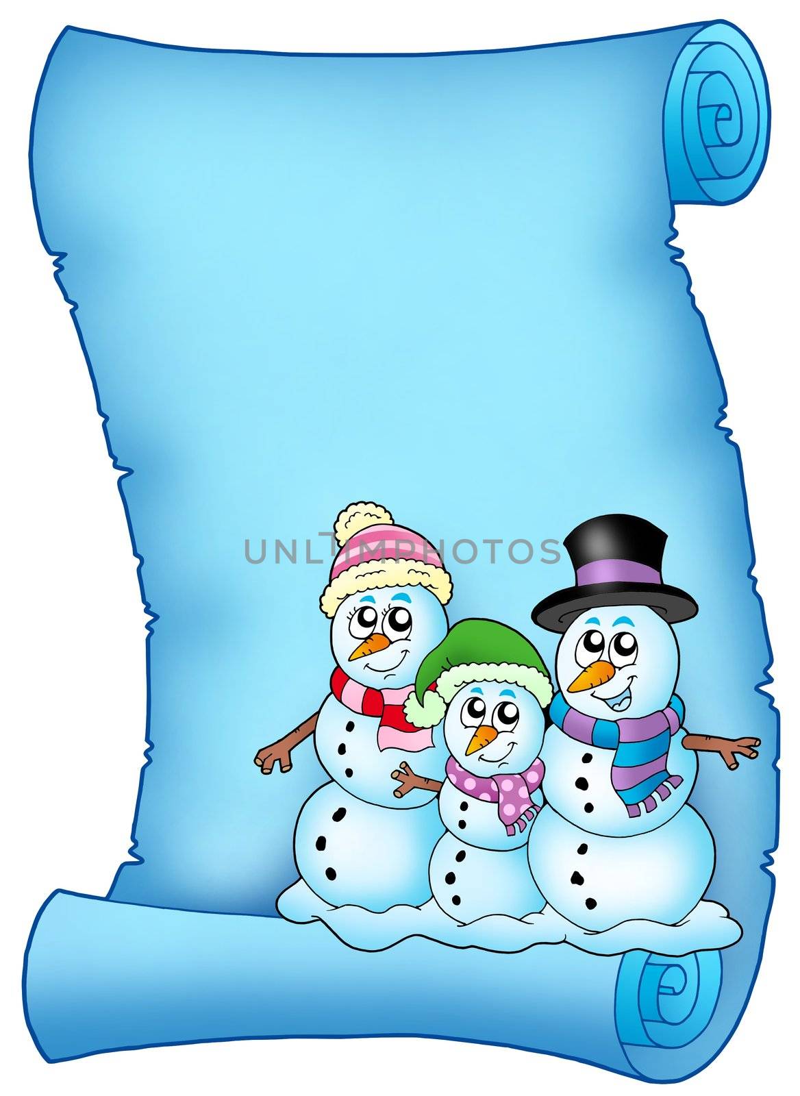Blue parchment with snowman family by clairev