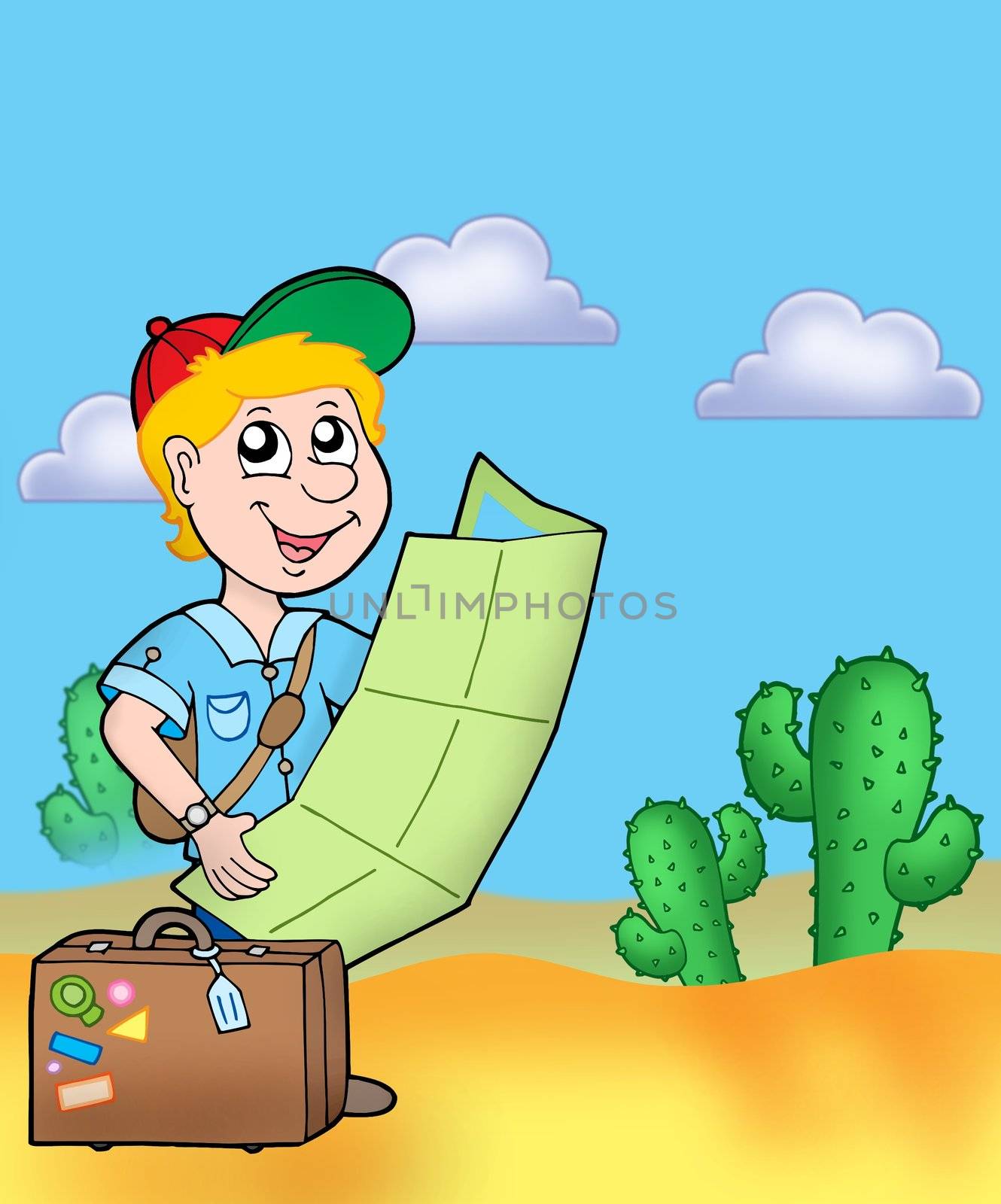 Boy with map outdoor - color illustration.