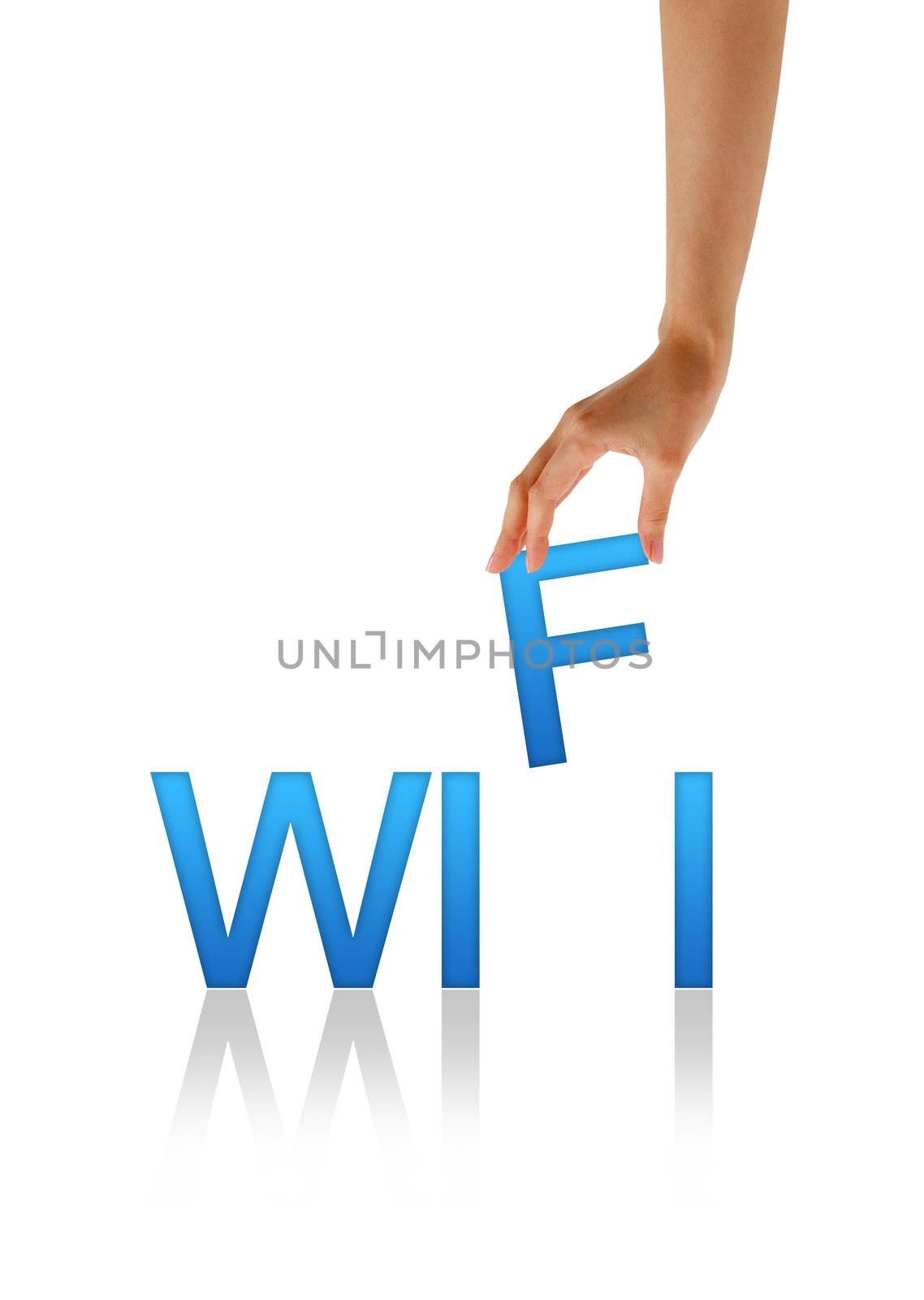 High resolution graphic of a hand holding the letter F from the word Wifi.
