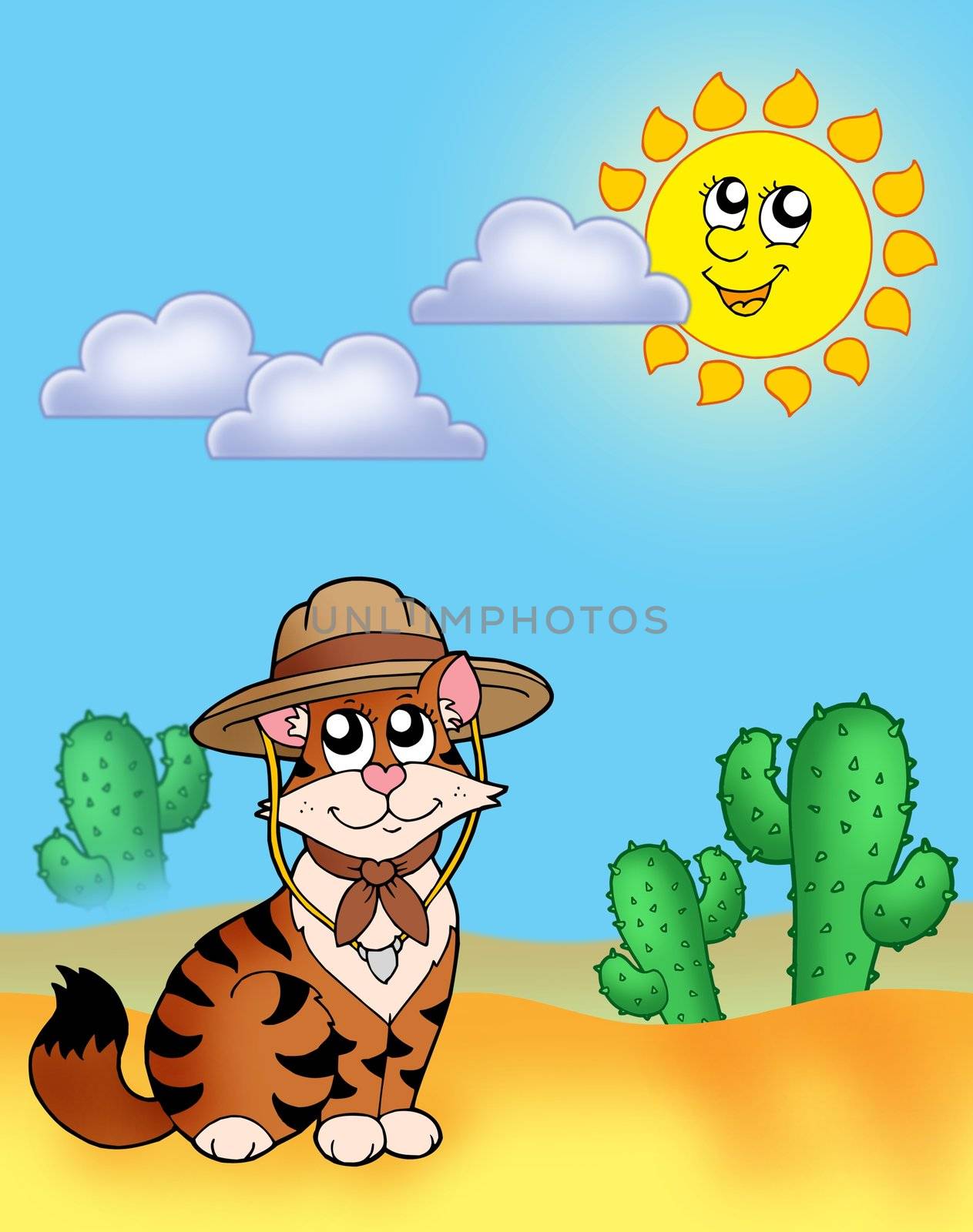 Cat in hat outdoor - color illustration.