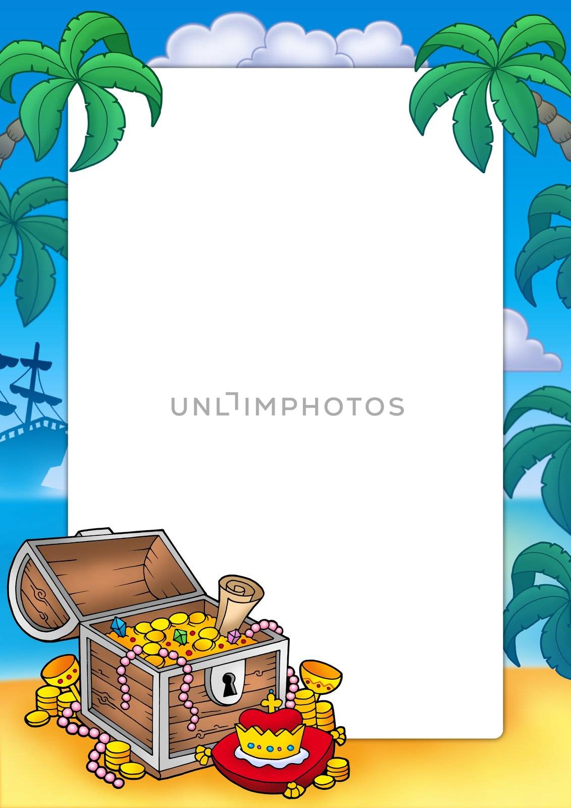 Frame with big treasure chest - color illustration.
