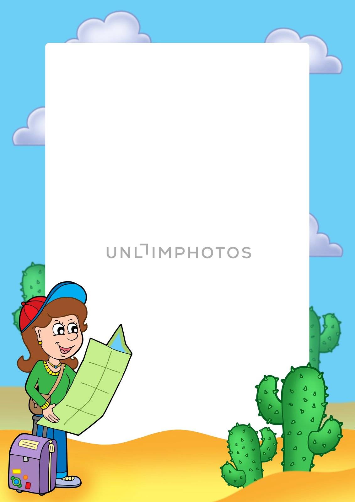 Frame with girl traveller - color illustration.