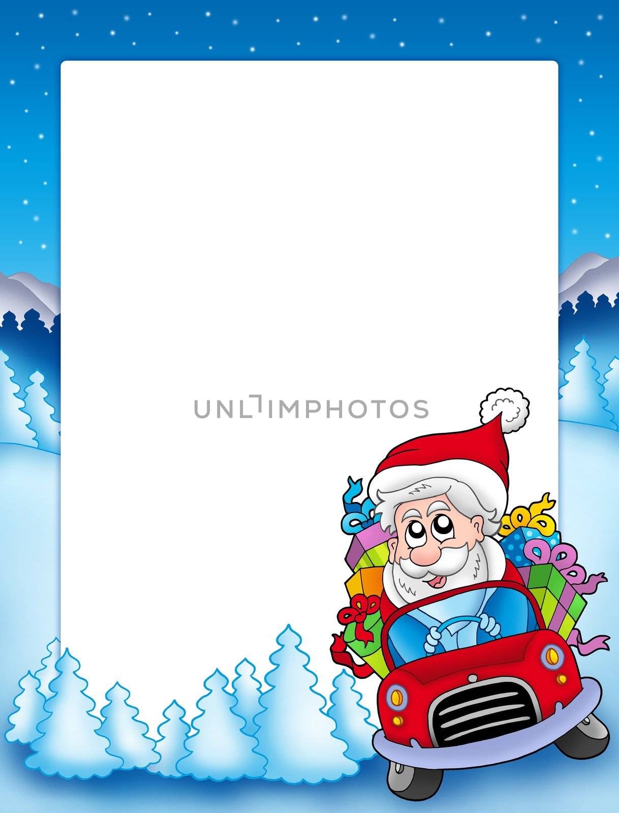 Frame with Santa Claus driving car - color illustration.