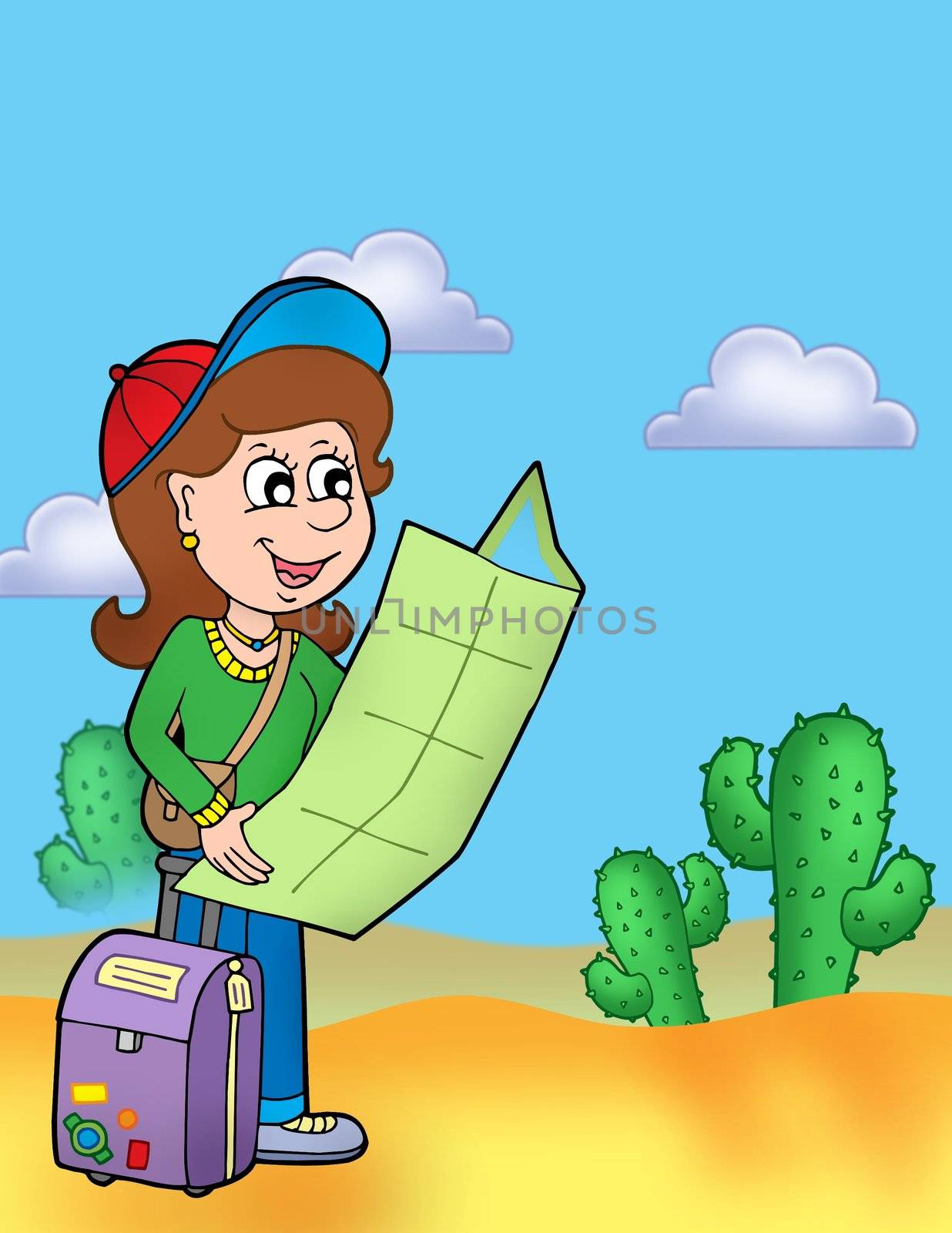 Girl with map outdoor - color illustration.