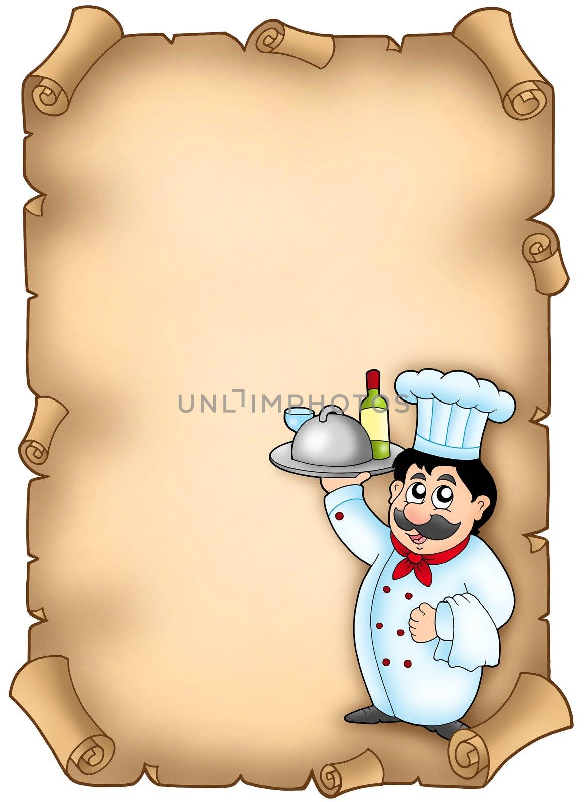 Chef holding meal on parchment - color illustration.