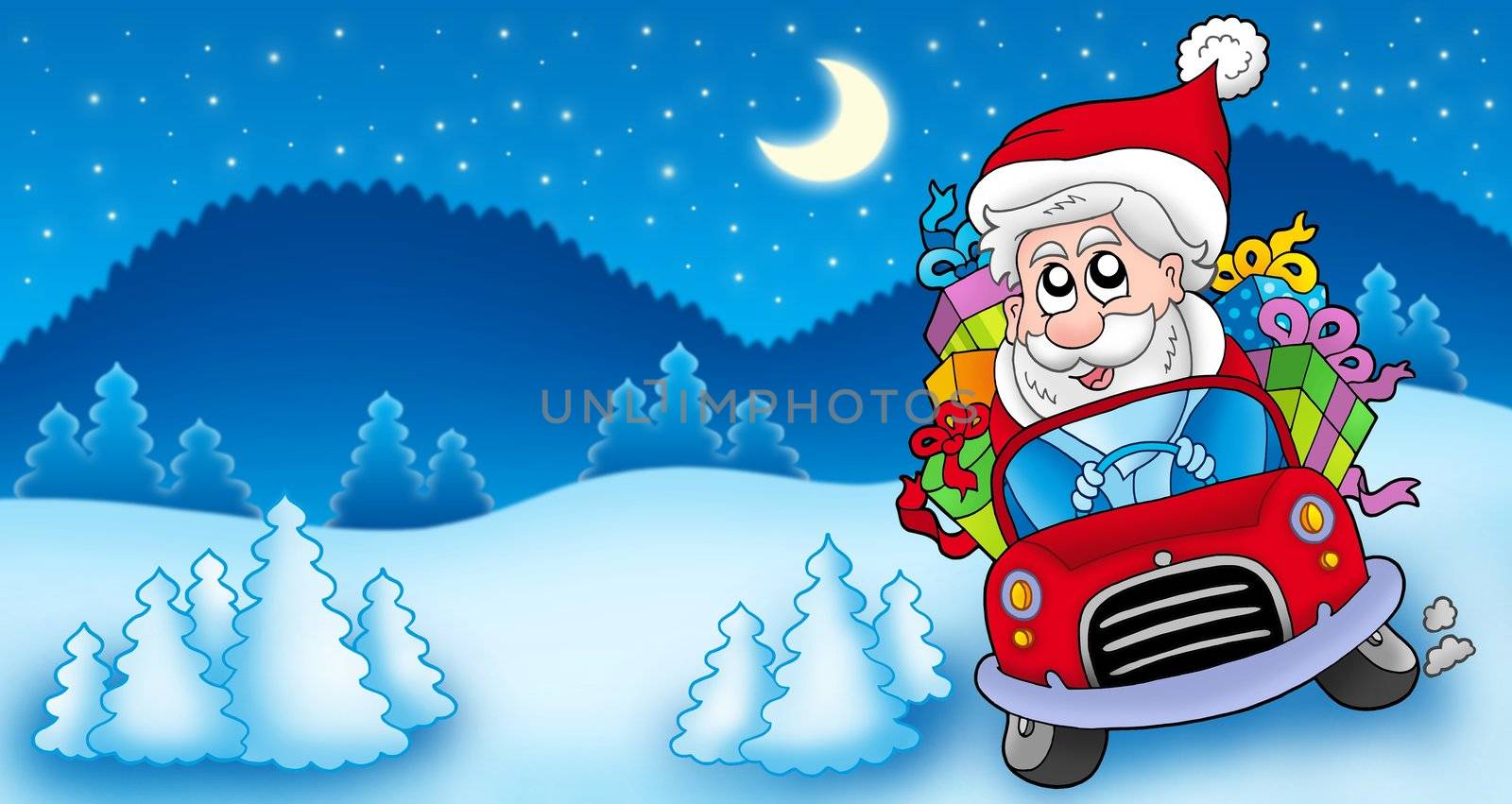 Landscape with Santa Claus driving car by clairev