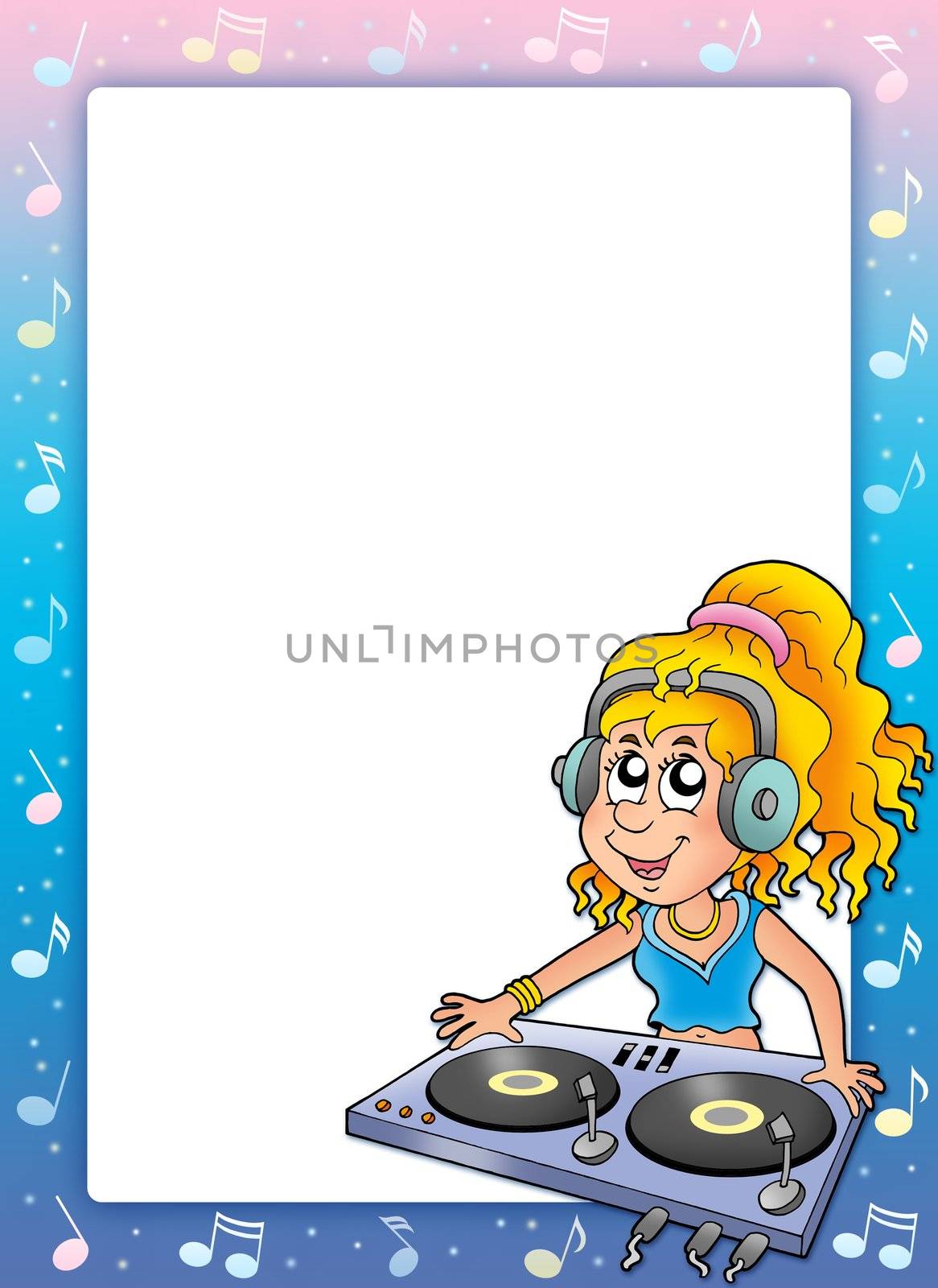 Music frame with cartoon DJ girl - color illustration.