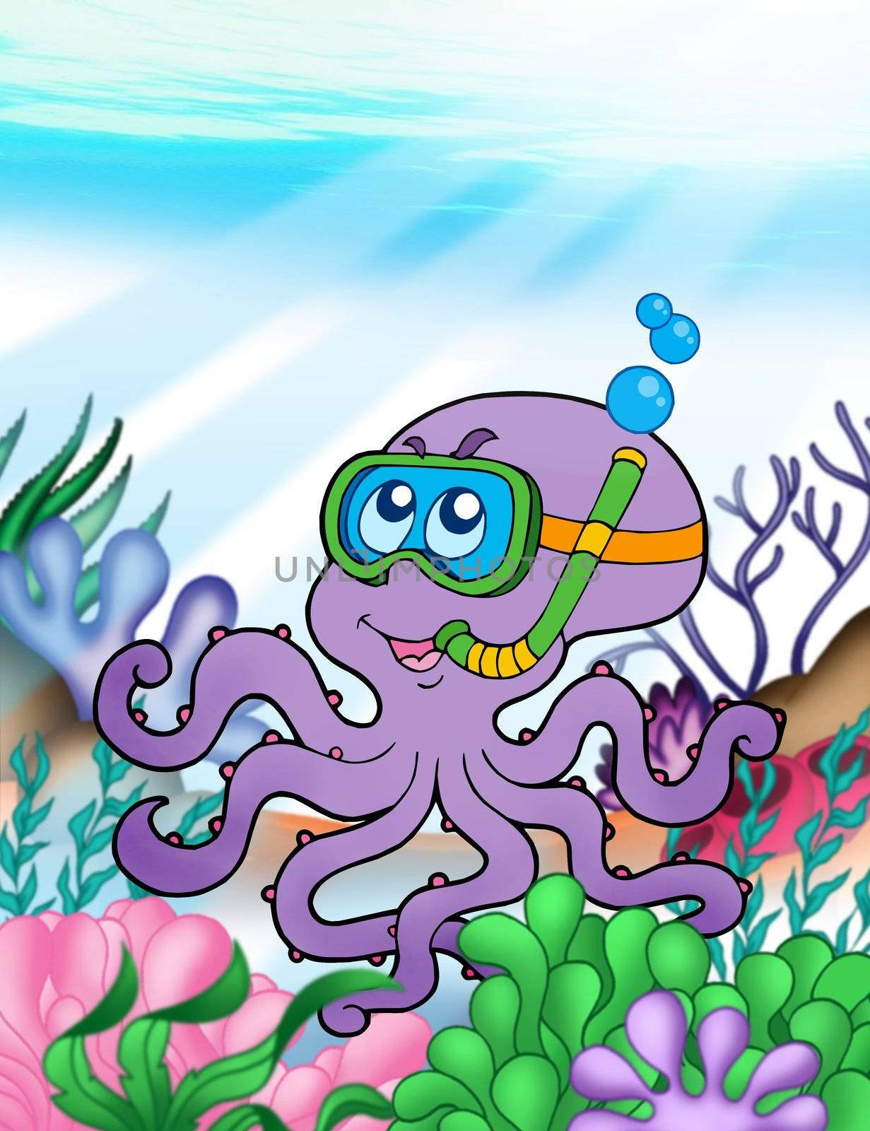 Octopus diver underwater - color illustration.
