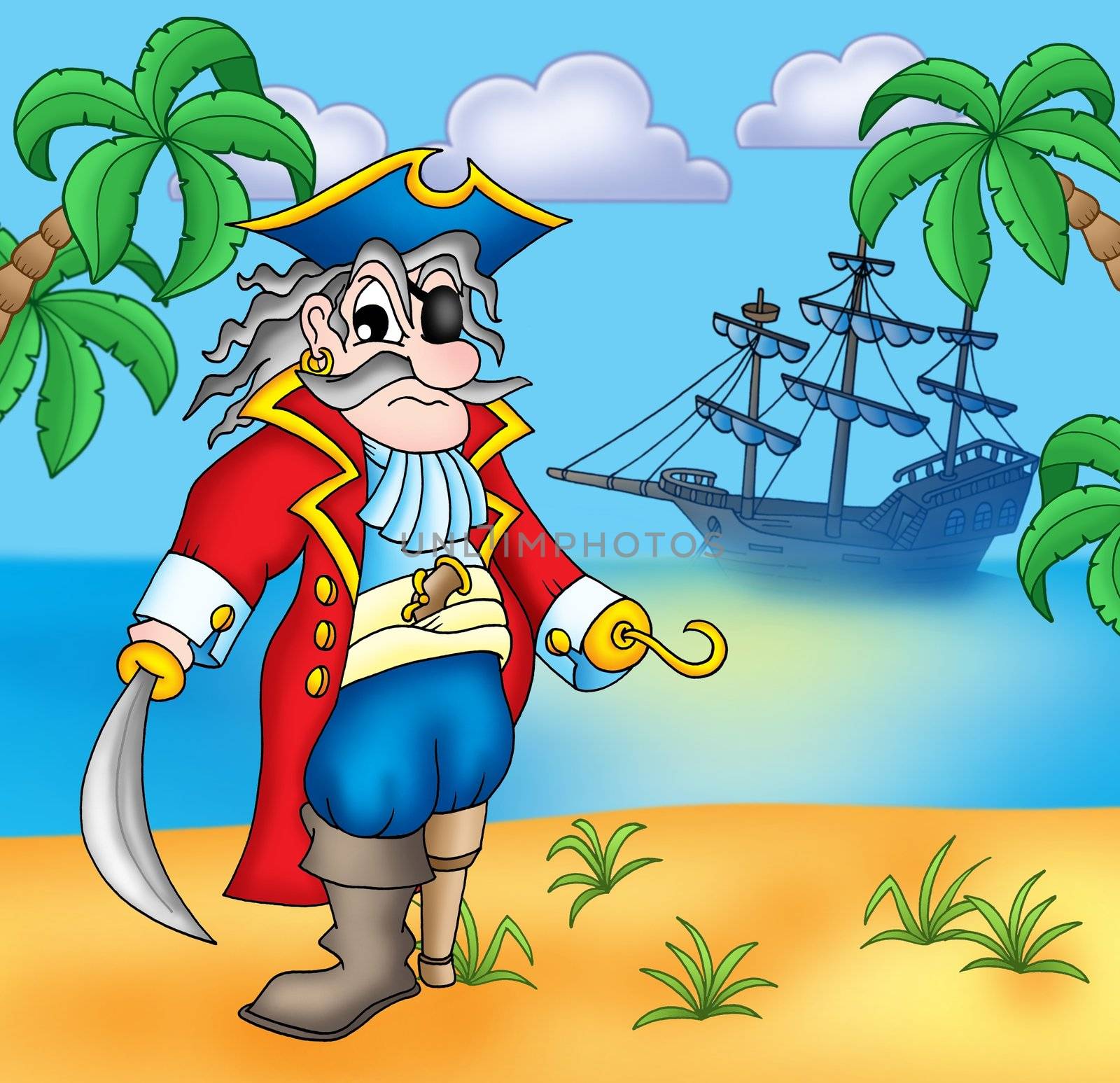 Old pirate on beach - color illustration.