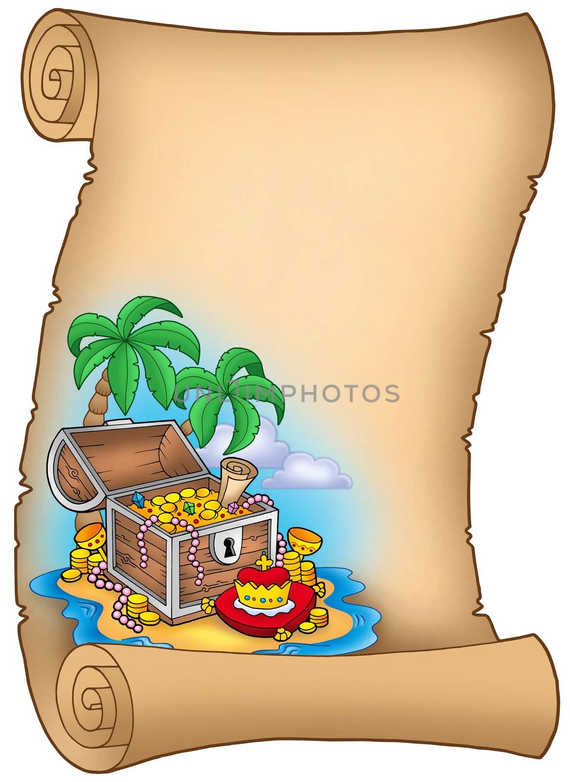 Parchment with treasure on island - color illustration.