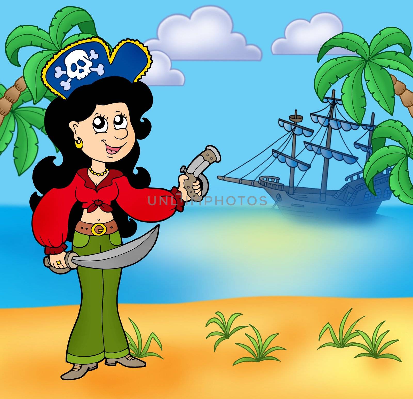 Pirate girl on beach 1 - color illustration.