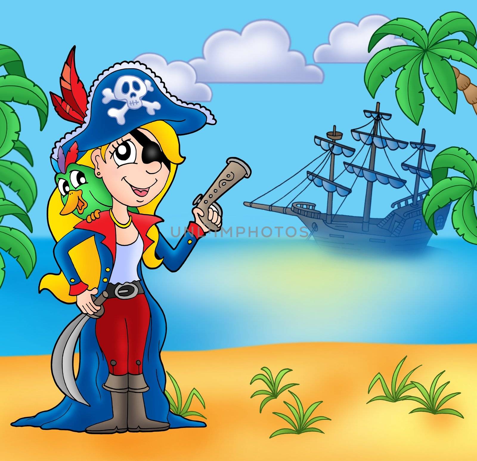 Pirate girl on beach 2 - color illustration.