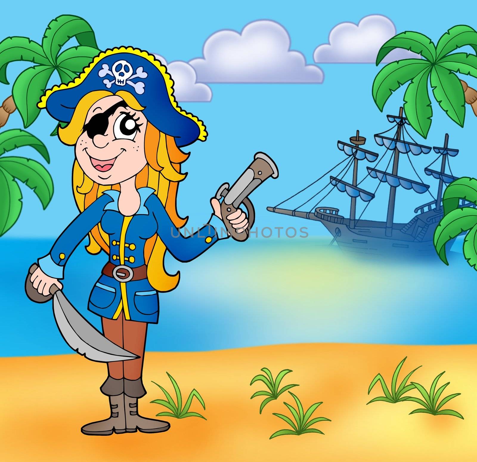 Pirate girl on beach 3 - color illustration.