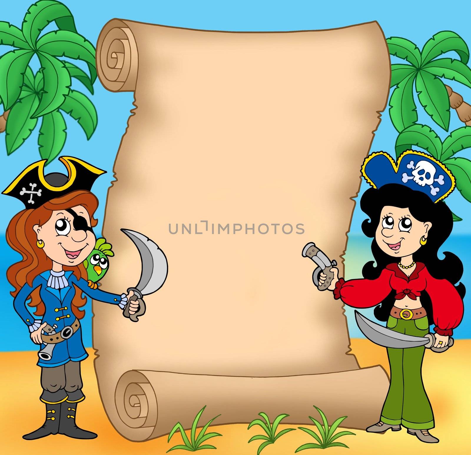 Pirate girls with scroll 1 - color illustration.