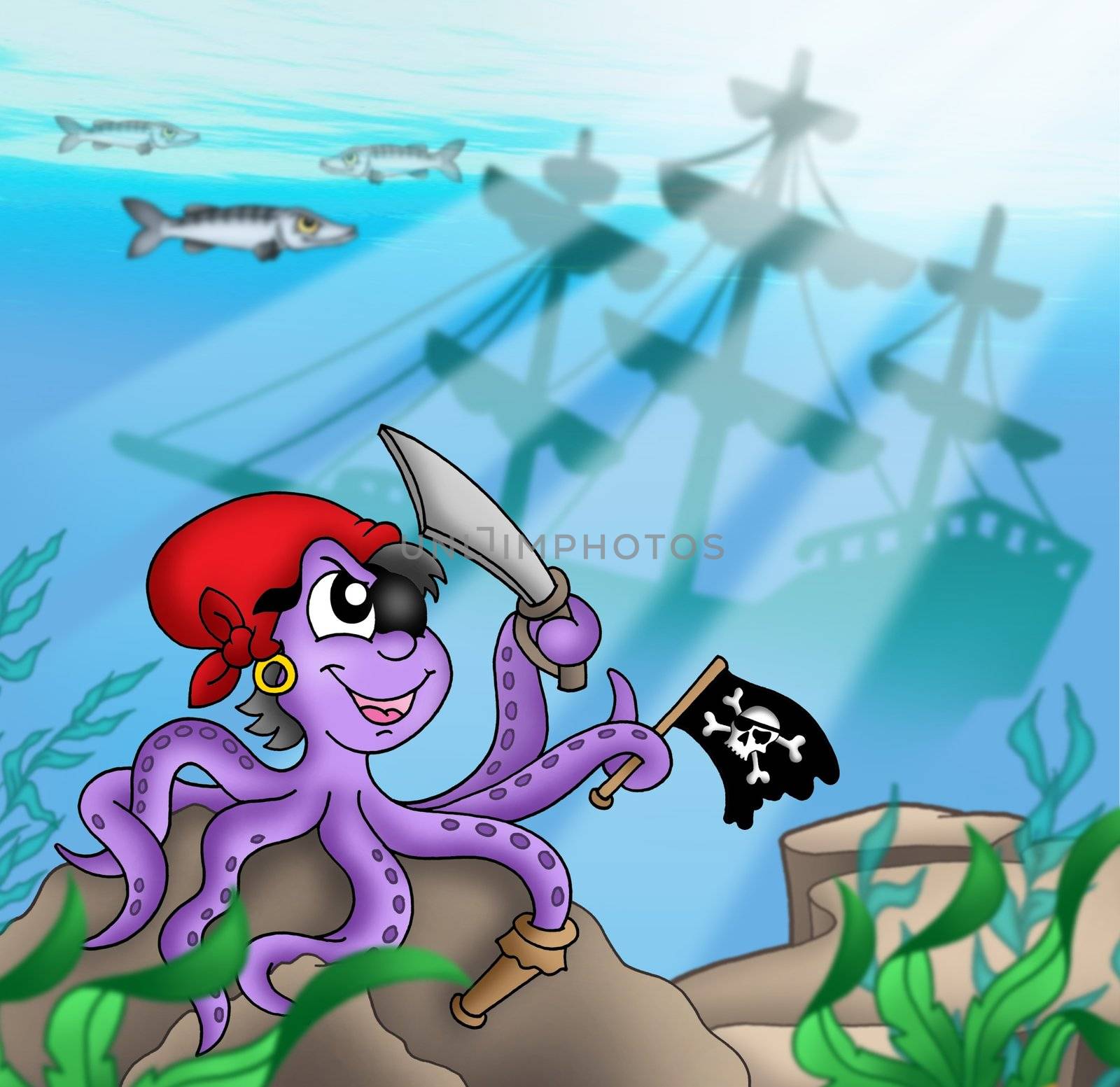 Pirate octopus near ship underwater - color illustration.