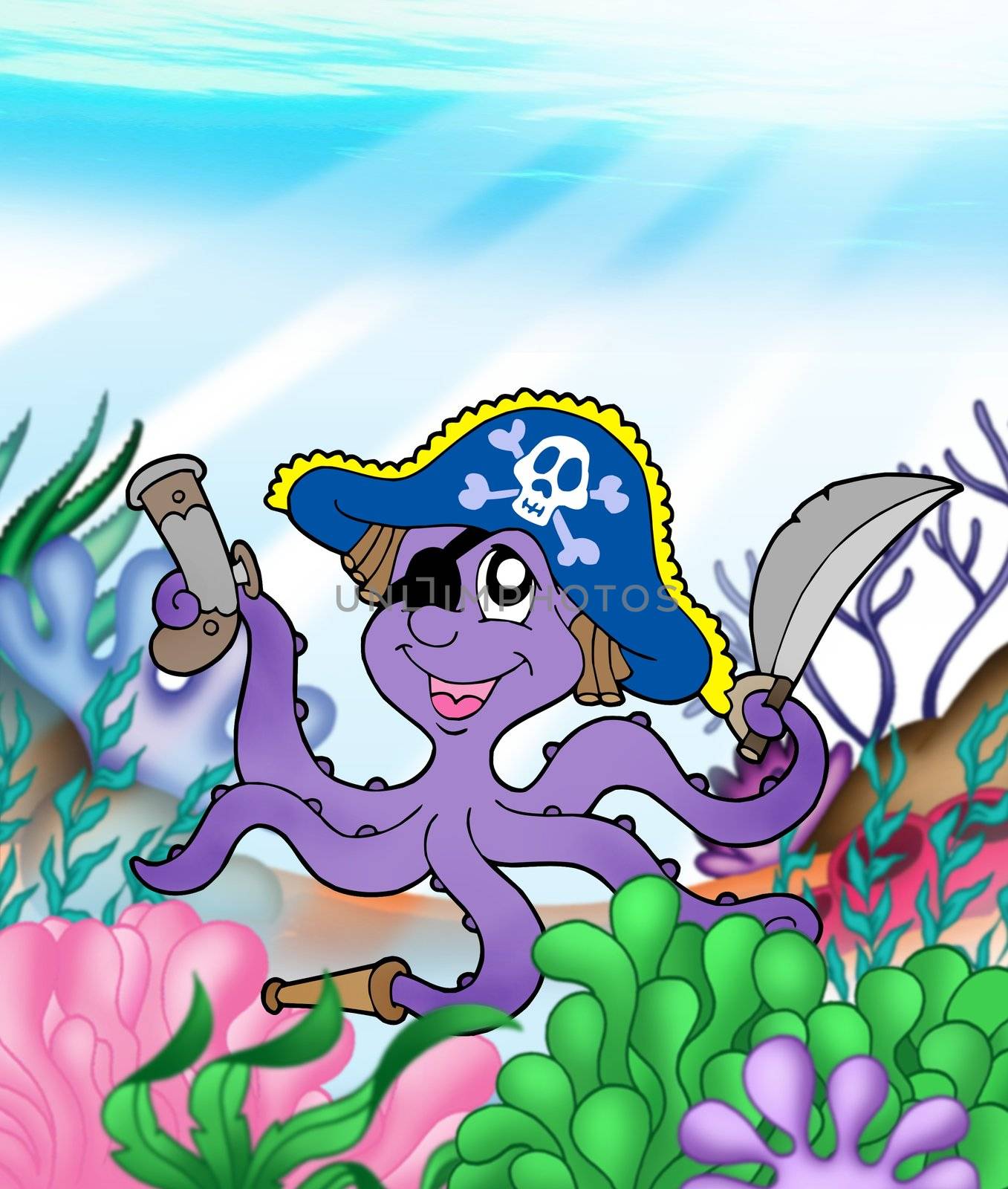 Pirate octopus underwater - color illustration.