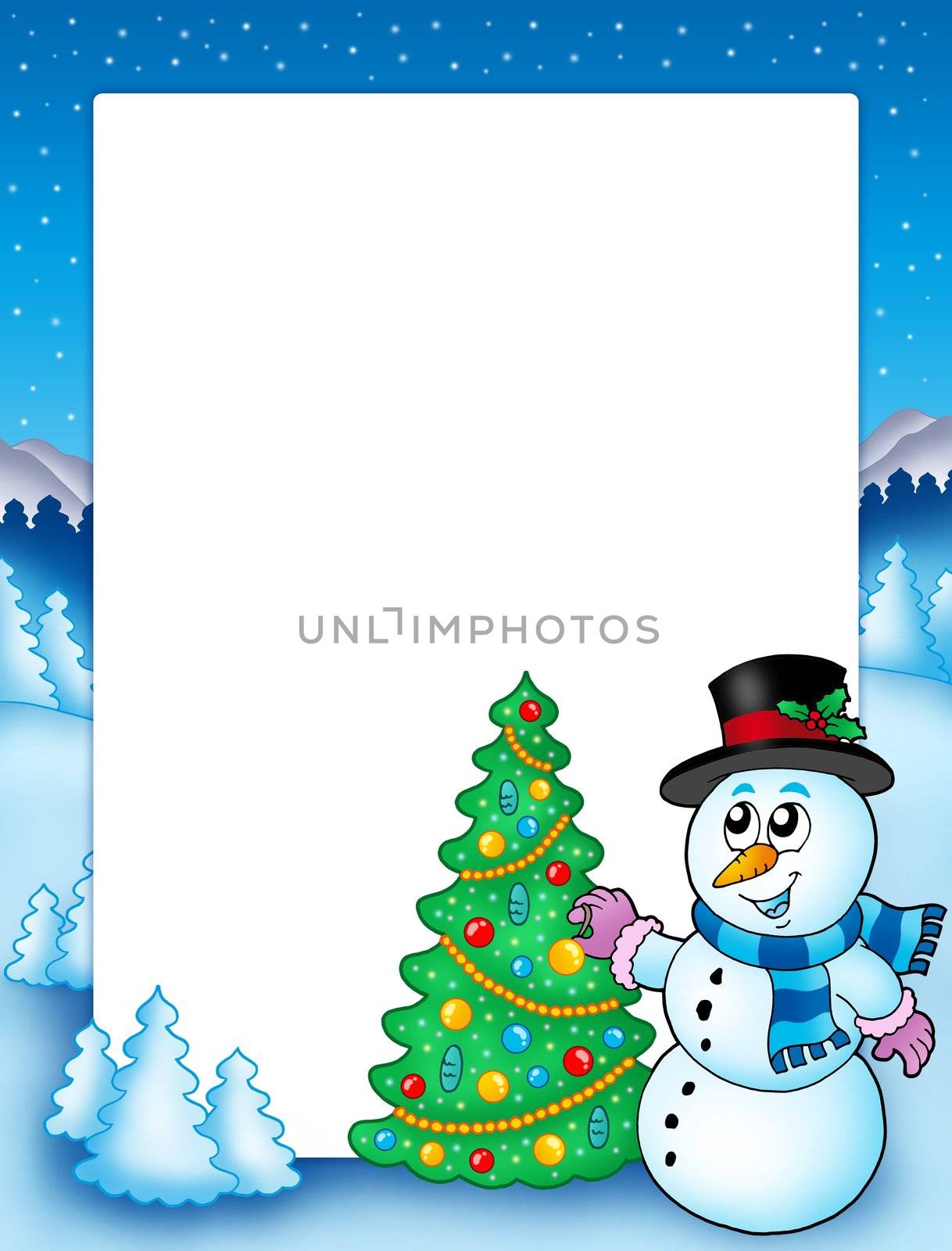 Winter frame with snowman and tree by clairev