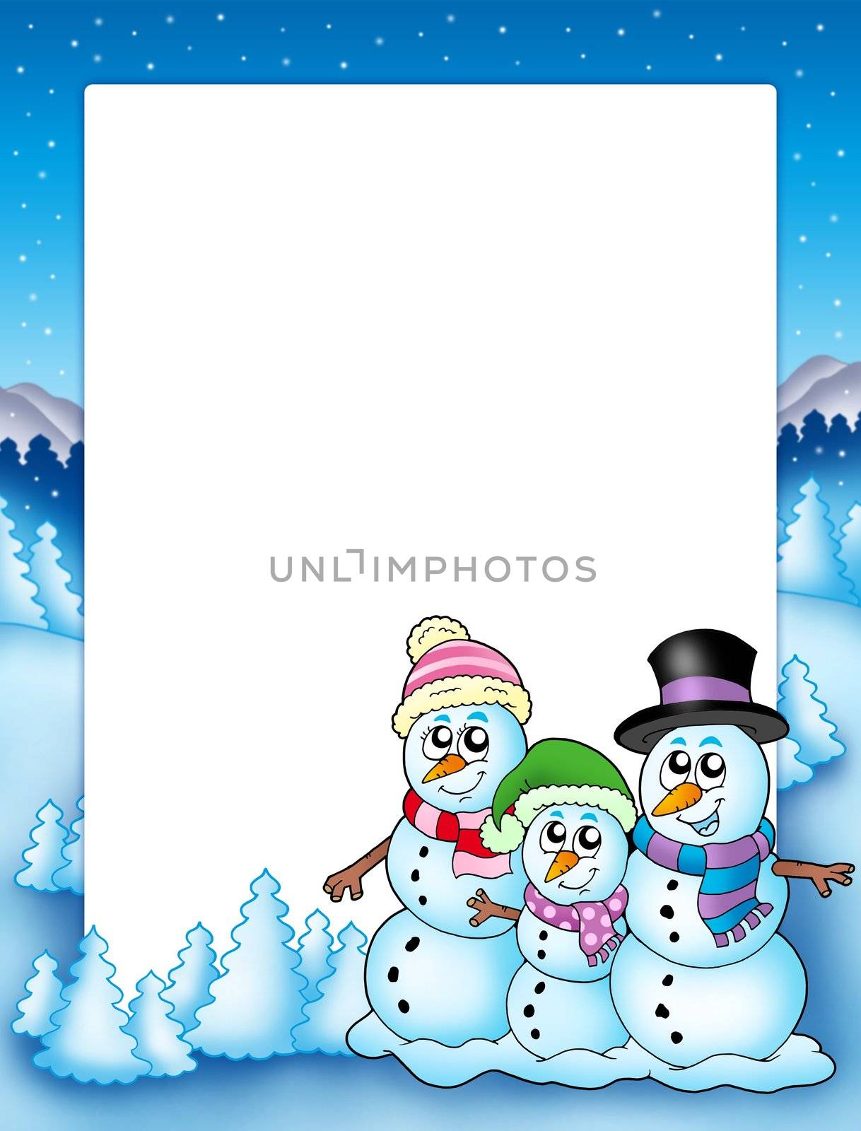 Winter frame with snowman family - color illustration.