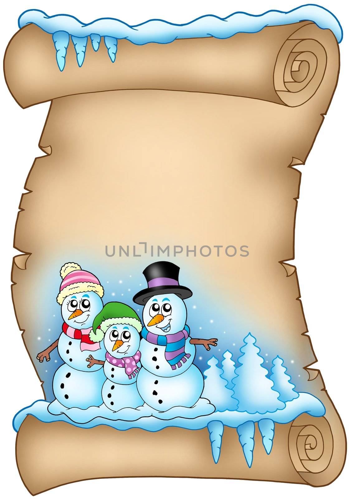 Winter parchment with snowman family - color illustration.