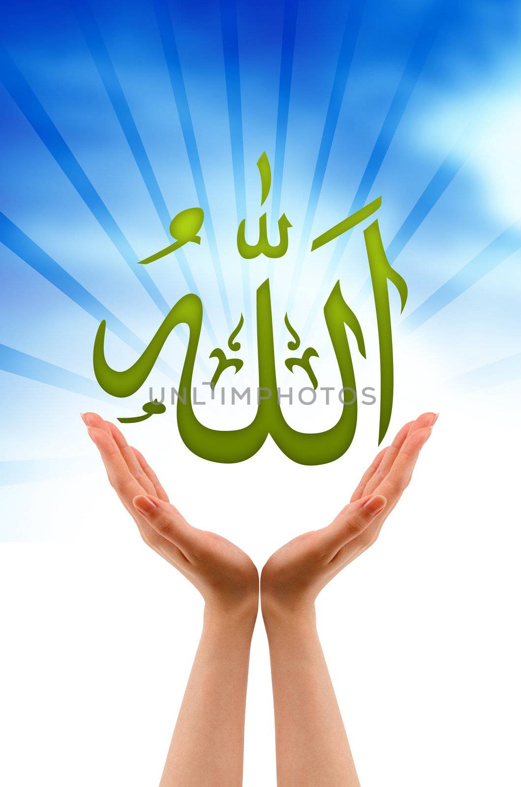 Hand holding a allah sign on cloud background.