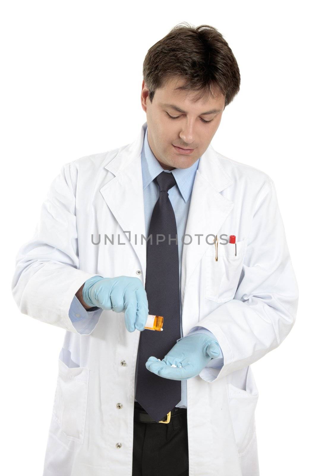 Doctor or veterinarian with a bottle of prescription medicine.