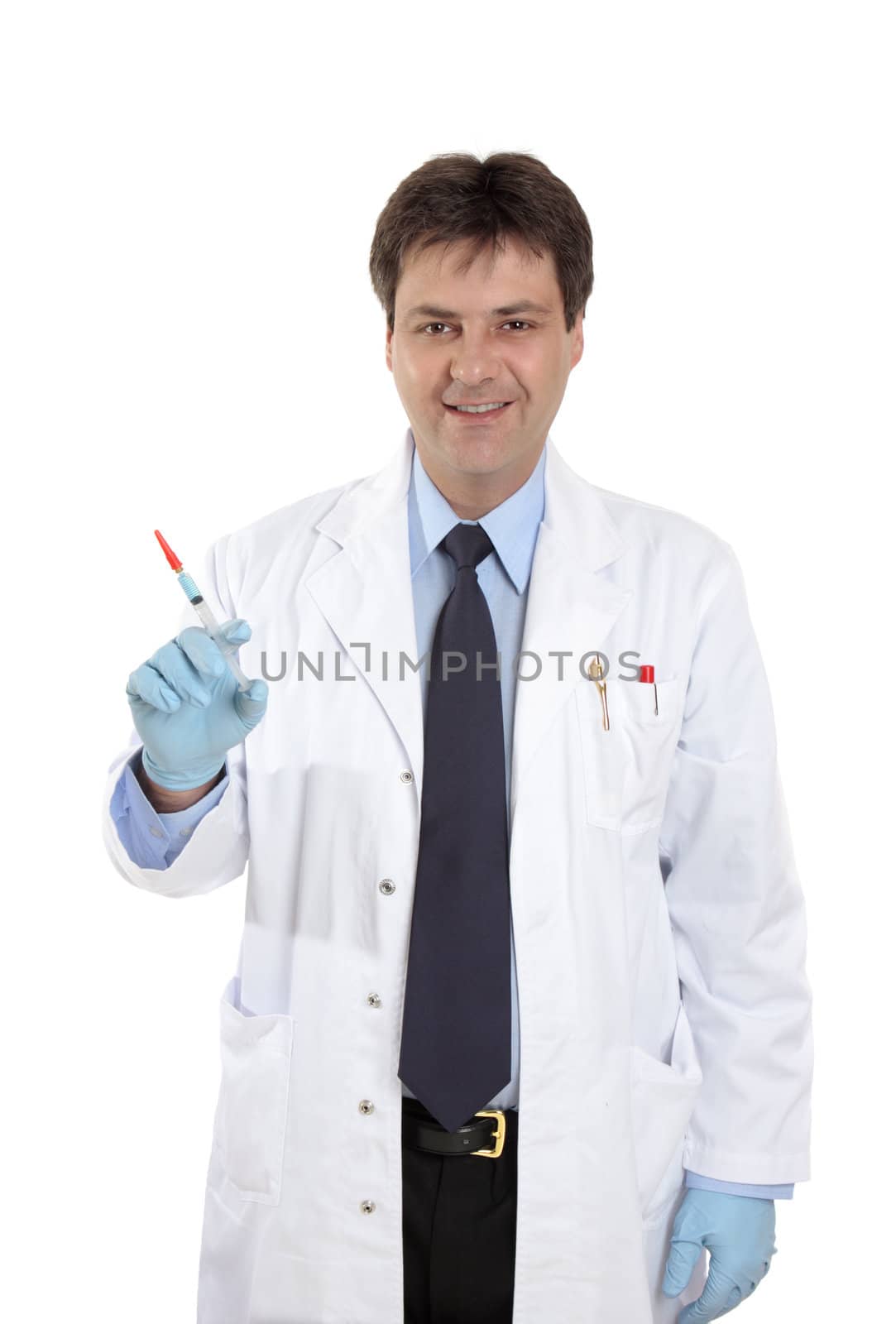 A friendly smiling doctor with syringe of medicine or vaccination