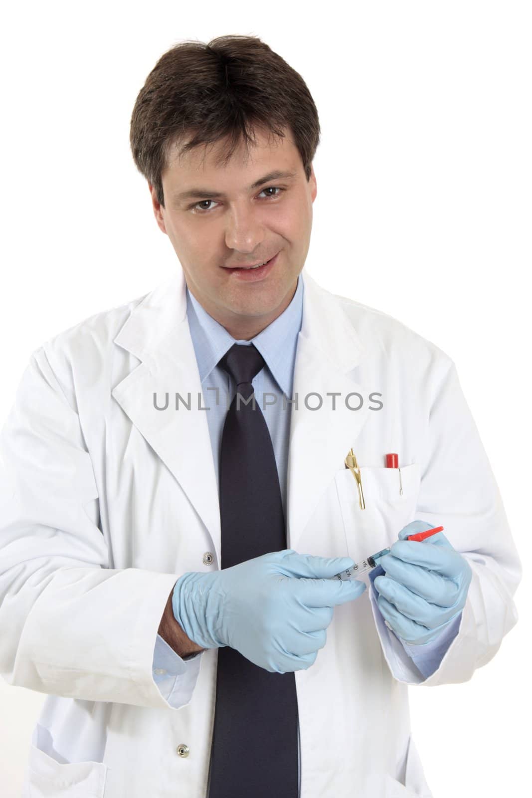 Doctor or physician with a dose of medicine or vaccine in a srringe with protective cover.