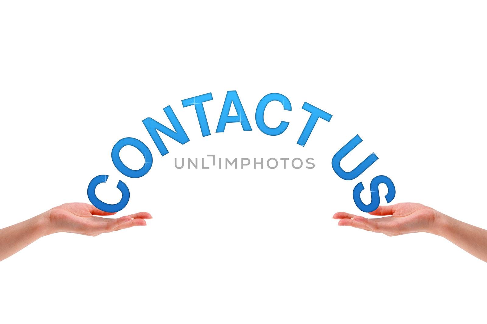 High resolution graphic of hands holding the word contact us.