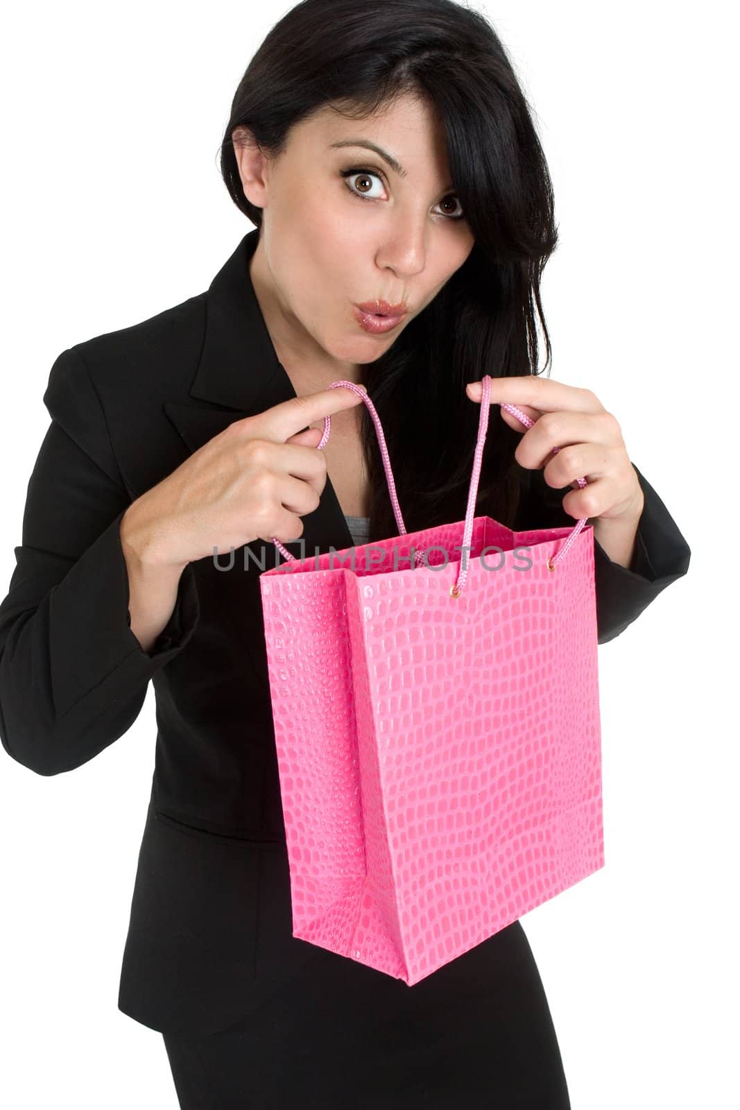 Woman with a boutique shopping bag or gift bag.