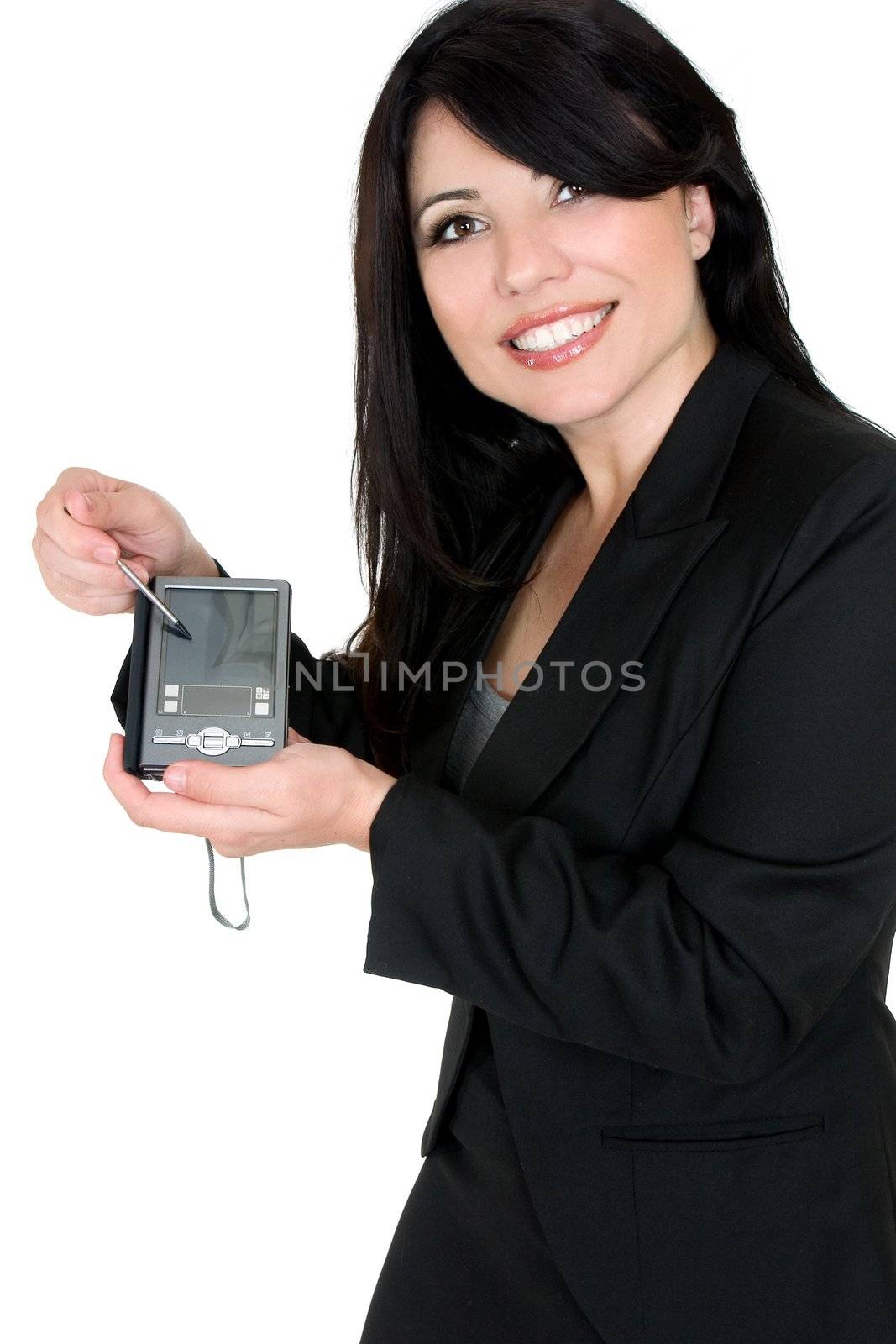 Woman using or demonstrating an electronic product.