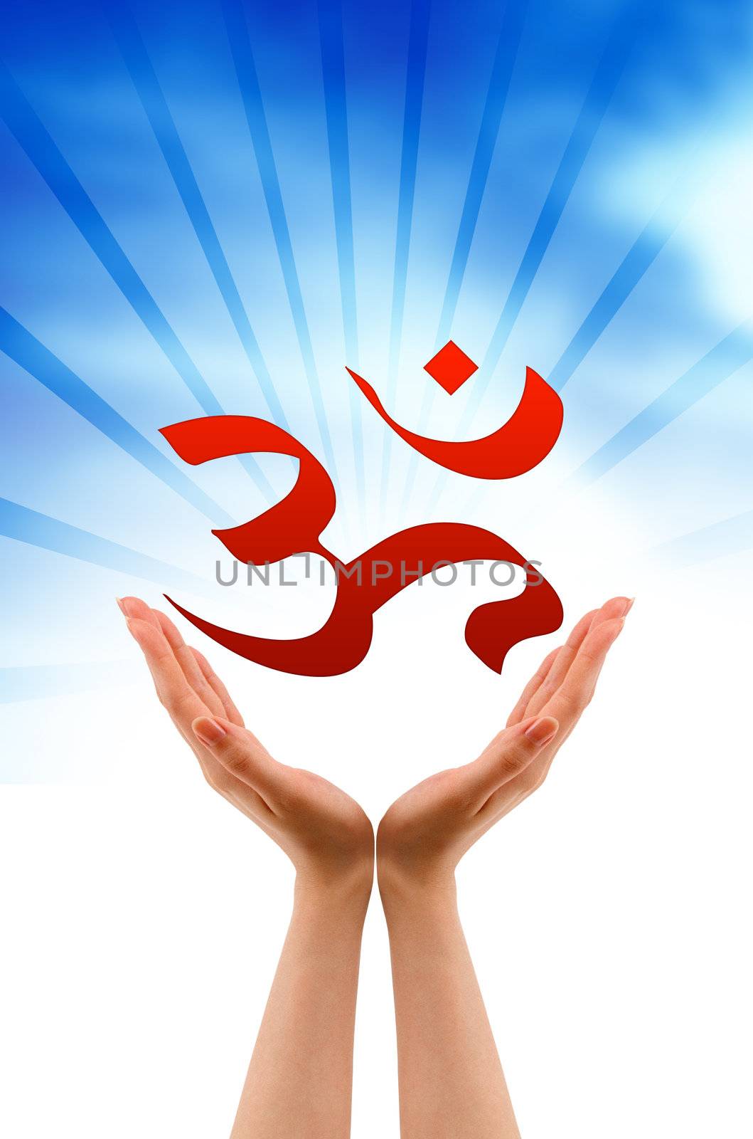 Hand holding a buddhism sign on cloud background.