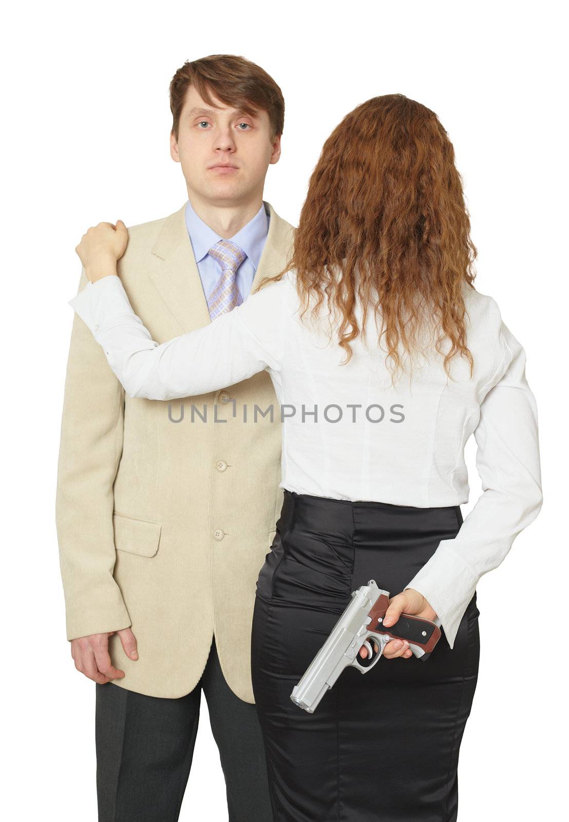 The man and the woman armed by a pistol it is isolated on a white background