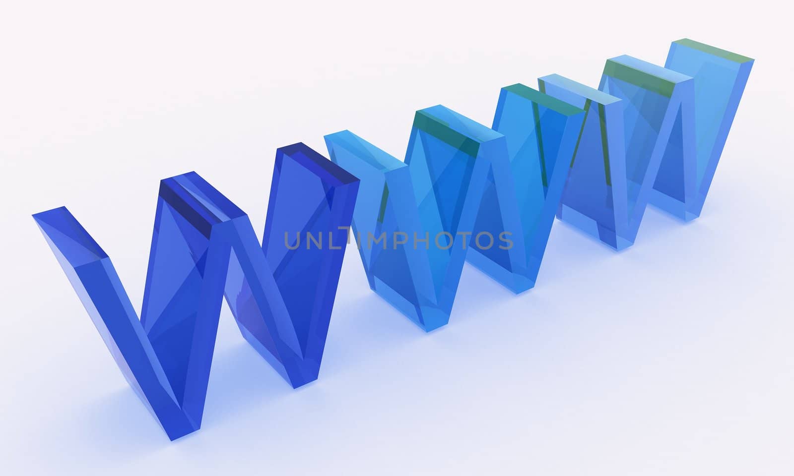 Rendered 3D WWW text made of glass in blue color scheme
